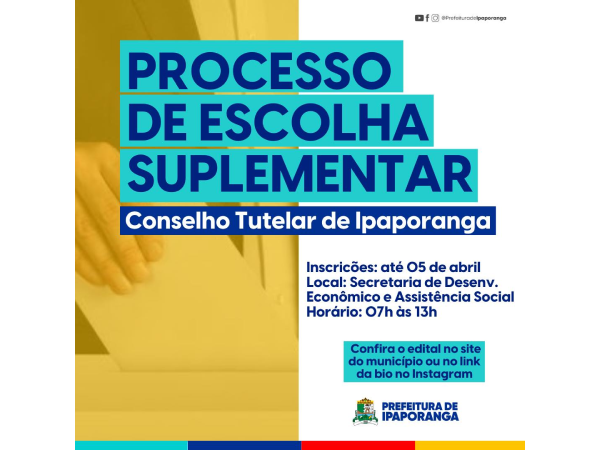 Inscrições estão abertas para escolha de suplentes do Conselho Tutelar de Ipaporanga