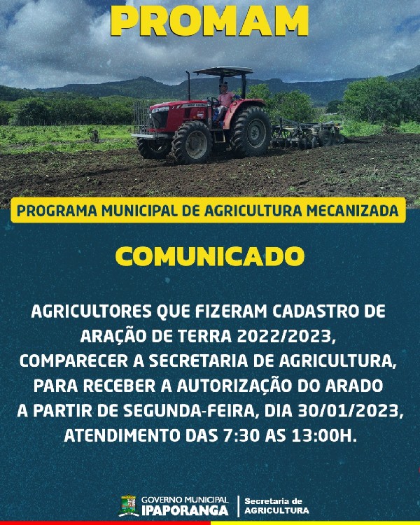 Comunicado aos agricultores de Ipaporanga sobre o PROMAM